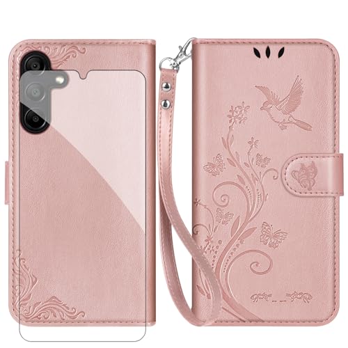 Vinanker Handyhülle für Galaxy A15 4G/5G Hülle [mit Panzerglas-Schutzfolie 9H Härte], Leder Klapphülle mit RFID Schutz Schutzhülle für Samsung Galaxy A15 4G/5G (Roségold) von Vinanker
