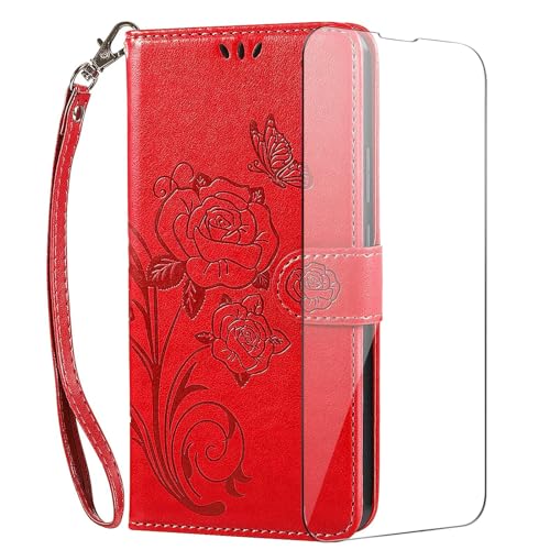 Vinanker Handyhülle für Samsung Galaxy S23 FE Hülle mit Schutzfolie, Premium PU Leder Klapphülle RFID Schutzhülle für Galaxy S23 FE 5G (Rot) von Vinanker