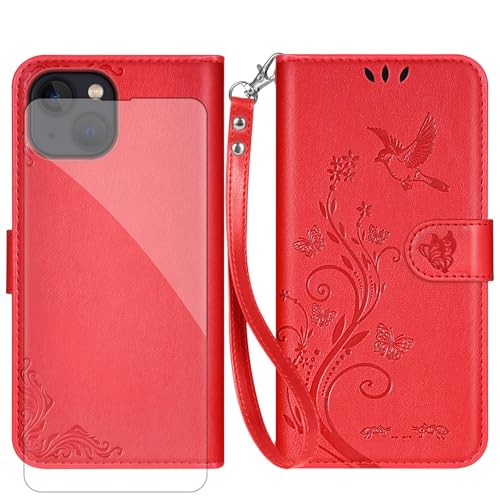 Vinanker PU Leder Handyhülle mit [Kartenfächern] [RFID Schutz] [Ständer] [Panzerglas-Schutzfolie] Schutzhülle für iPhone 13/iPhone 14 5G (Rot) von Vinanker