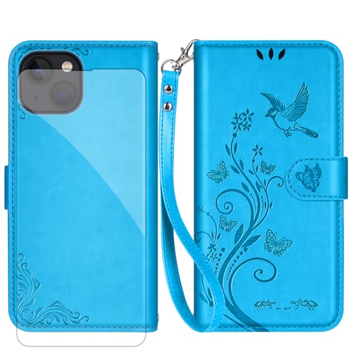Vinanker PU Leder Handyhülle mit [Kartenfächern] [RFID Schutz] [Ständer] [Panzerglas-Schutzfolie] Schutzhülle für iPhone 13/iPhone 14 5G (Türkis) ﻿ von Vinanker