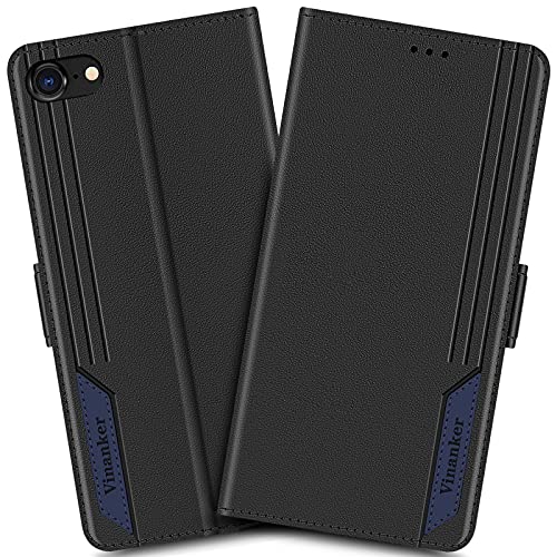 Vinanker Handyhülle für iPhone SE 2020 Hülle, Leder Handytasche mit RFID-Schutz Schutzhülle für iPhone SE 2020/iPhone 8/iPhone 7 (Schwarz/Blau) von Vinanker