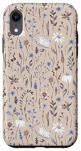 Hülle für iPhone XR Neutral Boho Wildblume Schmetterling Wiese Botanisch (Beige) von Vine Mercantile