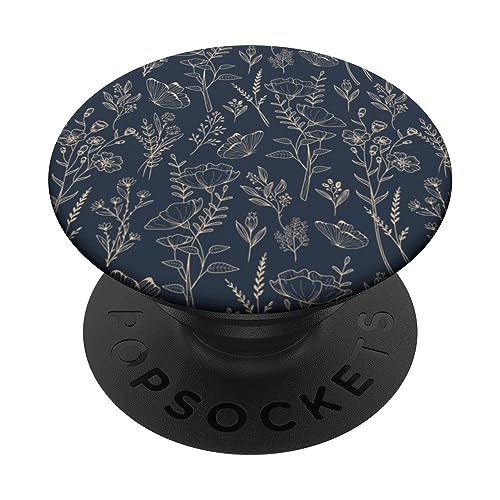 Schmetterling Wiese Botanisches Wildblumenmuster (Dunkelblau) PopSockets Klebender PopGrip von Vine Mercantile