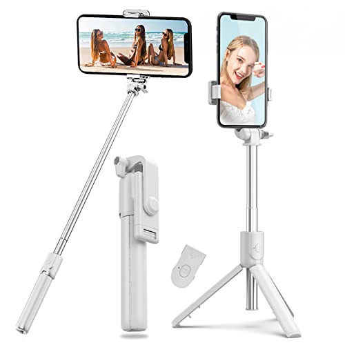 Selfie Stick Bluetooth Handy, Tripod stativ,4 in 1 Selfie Stange aus Aluminium Erweiterbar mit Kabelloser Fernbedienung um 360° Drehbar für iPhone Android Samsung Zoll Smartphones (weiß) von Vinmooog