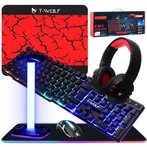 Vinsot 6-in-1-Gaming-Zubehör-Set – inklusive Tastatur, Maus, Mauspad, Headset, LED-XL-Mauspad, leuchtender Kopfhörer-Ständer, Hintergrundbeleuchtung, PC-Gaming-Set für PC, Anfänger, Gamer von Vinsot