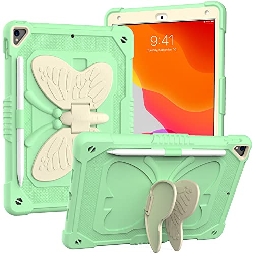 Visaccy Hülle für iPad 9/8/7 10,2 Zoll Kinder Hülle Slim Silikon TPU Stoßfest Rugged Schutzhülle mit Stifthalter Drehbarer Ständer Grün von Visaccy