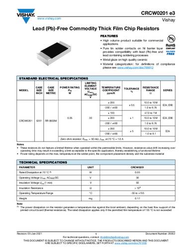 Vishay CRCW02010000Z0ED Dickschicht-Widerstand 0Ω SMD 0201 0.05W 1% Tape von Vishay