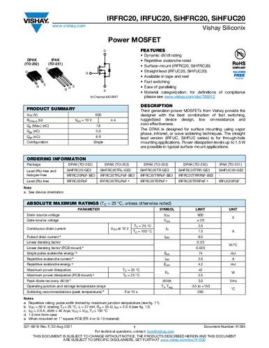 Vishay IRFRC20PBF MOSFET 1 N-Kanal 42W TO-252AA Tube von Vishay