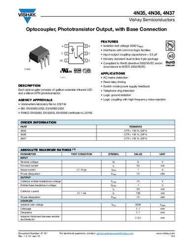 Vishay Optokoppler Phototransistor 4N37 DIP-6 Transistor Tube von Vishay