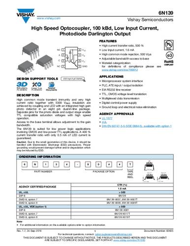 Vishay Optokoppler Phototransistor 6N139 DIP-8 Transistor Tube von Vishay