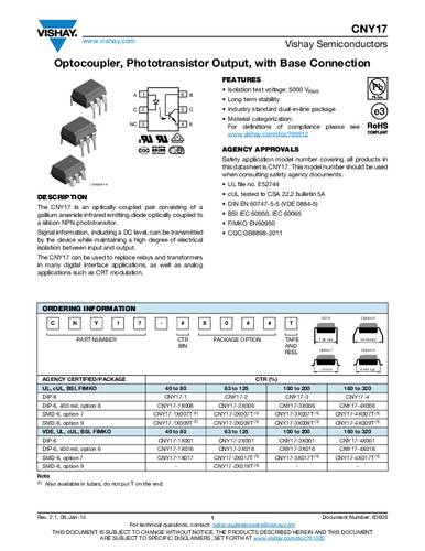 Vishay Optokoppler Phototransistor CNY17-1 DIP-6 Transistor Tube von Vishay