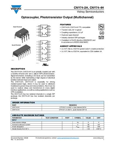 Vishay Optokoppler Phototransistor CNY74-4H DIP-16 Transistor Tube von Vishay