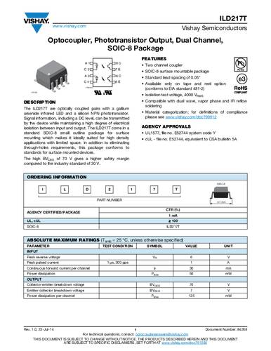 Vishay Optokoppler Phototransistor ILD217T SOIC-8 Transistor Tape on Full reel von Vishay