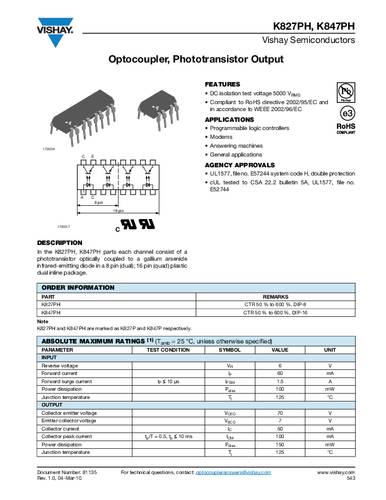 Vishay Optokoppler Phototransistor K847PH DIP-16 Transistor Tube von Vishay