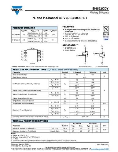 Vishay SI4532CDY-T1-GE3 MOSFET 2 N-Kanal, P-Kanal 1.78W SOIC-8 Tape on Full reel von Vishay