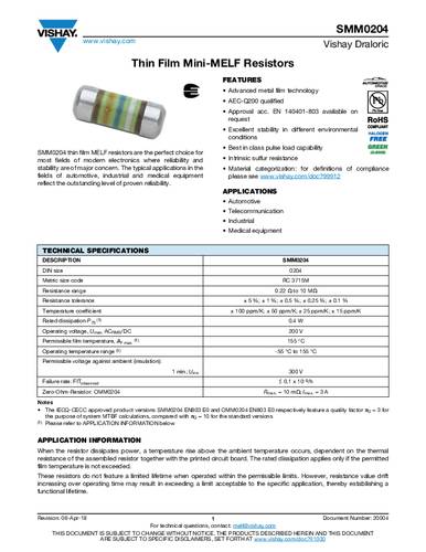Vishay SMM02040C2709FB300 Dünnschicht-Widerstand 27Ω SMD 0.25W 0.01% Tape von Vishay