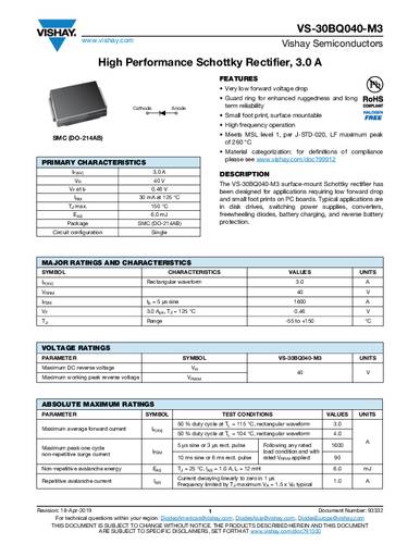 Vishay Schottky-Diode VS-30BQ040-M3/9AT Einzeln Tape on Full reel von Vishay