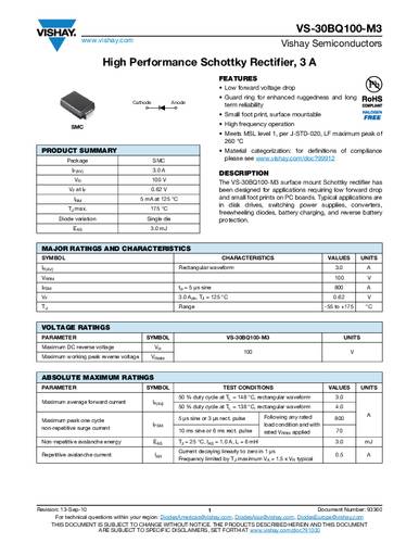 Vishay Schottky-Diode VS-30BQ100-M3/9AT Einzeln Tape on Full reel von Vishay