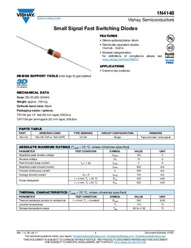 Vishay Si-Diode 1N4148-TR DO-35 75V 300mA Tape von Vishay