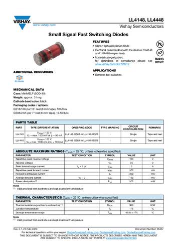 Vishay Si-Diode LL4148-GS18 SOD-80 MiniMELF 300mA Tape on Full reel von Vishay