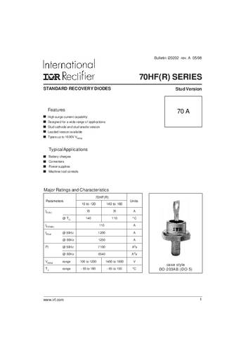 Vishay Standarddiode - umgekehrte Polarität 70HFR80 DO-203AB 800V 70A von Vishay