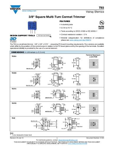 Vishay T93XB222KT20 Spindeltrimmer linear 0.5W 2.2kΩ von Vishay