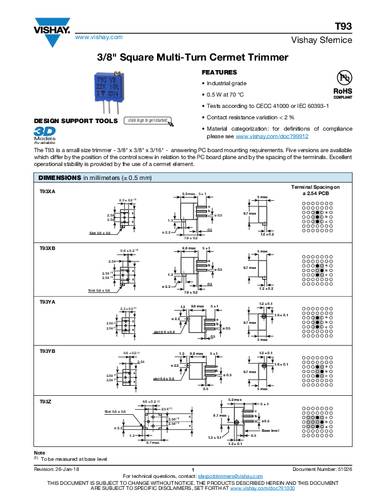 Vishay T93YA471KT20 Spindeltrimmer linear 0.5W 0.47kΩ von Vishay