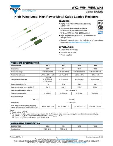 Vishay WK202070A1503J2200 Metallschicht-Widerstand 150kΩ axial bedrahtet 1W 5% Tape von Vishay