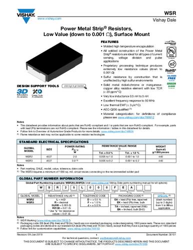 Vishay WSR2R3300FEA Metallschicht-Widerstand 330 mΩ SMD 2.0W 1% Tape von Vishay