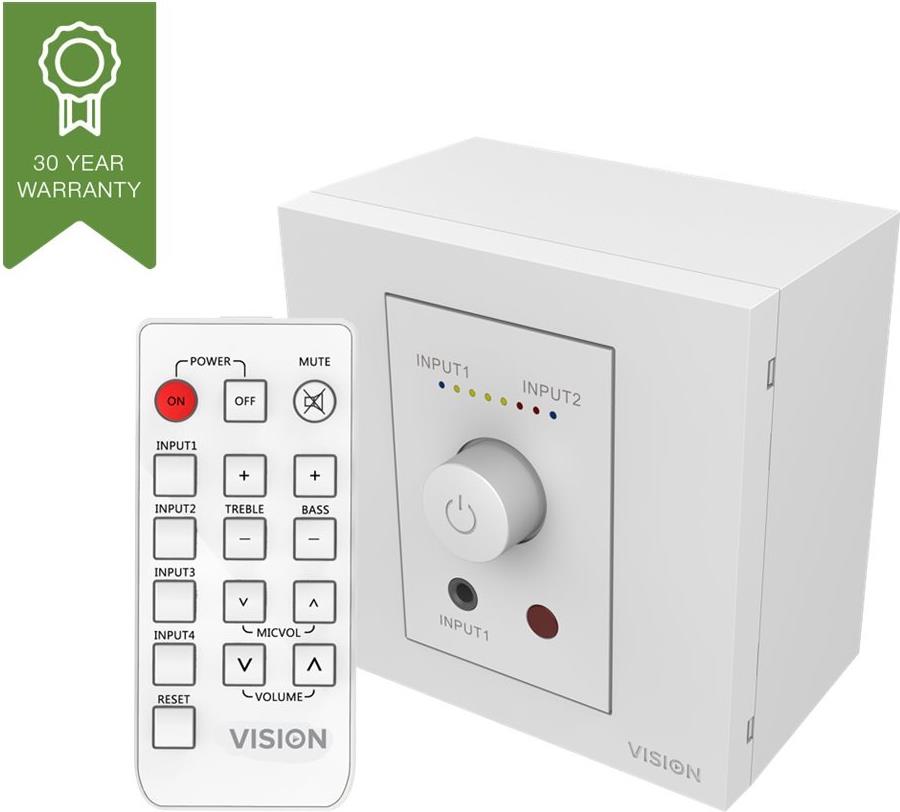 Vision Techconnect Faceplate Audioverstärker mit Lautsprechern - LEBENSLANGE GARANTIE - 2 x 25 W (RMS @ 8 Ohm) - Zwei Eingänge (Eingang 1 an der Vorderseite dupliziert) - Fernbedienung - schaltet auf voreingestelltem Pegel ein oder setzt die vorherige Lau (TC3-AMP+) von Vision