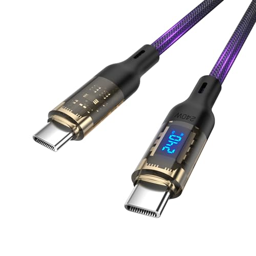 VisionSync 240W USB C auf USB C Transparentes Kabel mit LED-Anzeige Kompatibel mit 140W 100W Schnellladung für MacBook Pro,lPhone16/15/15Pro/15ProMax, Galaxy S23+/S23Ultra/S22,1.2m-1Packung,Schwarz von VisionSync