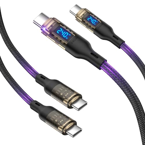 VisionSync 240W USB C auf USB C Transparentes Kabel mit LED-Anzeige Kompatibel mit 140W 100W Schnellladung für MacBook Pro,lPhone16/15/15Pro/15ProMax, Galaxy S23+/S23Ultra/S22,1.2m 2Pack,Schwarz von VisionSync