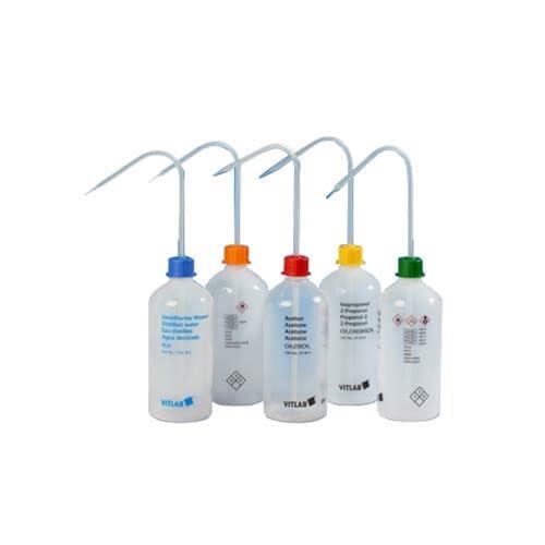 Vitlab VITsafe LDPE Sicherheitsspritzflasche mit Gelb Vent-Cap Schraubverschluss/Spritzrohr, Enghals, GL 25 Gewinde, Isopropanol, 500ml Kapazität, 74mm Durchmesser, 180mm Höhe, 12 Stück von Vitlab