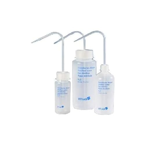 Vitlab LDPE Spritzflasche mit Schraubverschluss/Spritzrohr, Weithals, GL 63 Gewinde, Dest.-Wasser Imprint, 1000ml Kapazität, 91mm Durchmesser, 226mm Höhe, 12 Stück von Vitlab