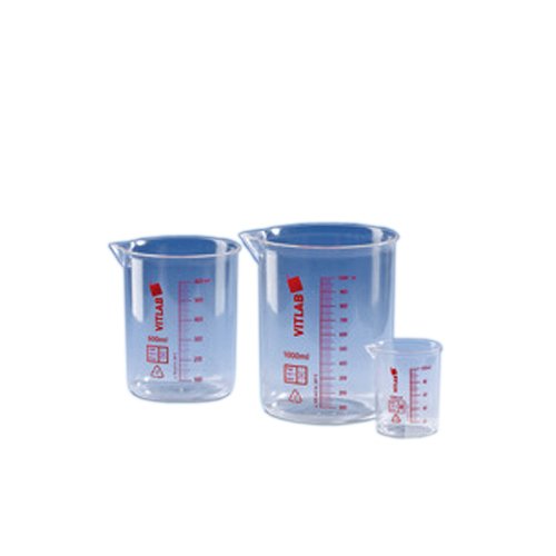 Vitlab Polymethylpenten Griffinbecher, Gedruckte Rote Skala, Klar, 100ml Kapazität, 55mm Durchmesser, 70mm Höhe, 12 Stück von Vitlab