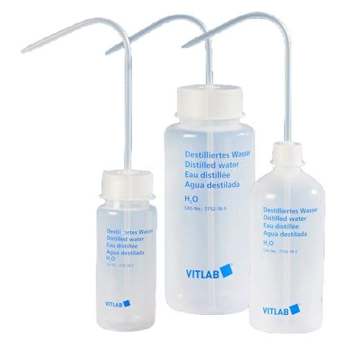 Vitlab LDPE Spritzflasche mit Schraubverschluss/Spritzrohr, Weithals, GL 32 Gewinde, Dest.-Wasser Imprint, 1000ml Kapazität, 92mm Durchmesser, 221mm Höhe, 12 Stück von Vitlab