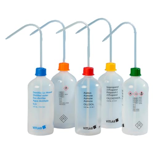 Vitlab VITsafe LDPE Sicherheitsspritzflasche mit Gelb Vent-Cap Schraubverschluss/Spritzrohr, Enghals, GL 25 Gewinde, Isopropanol, 500ml Kapazität, 74mm Durchmesser, 180mm Höhe, 12 Stück von Vitlab