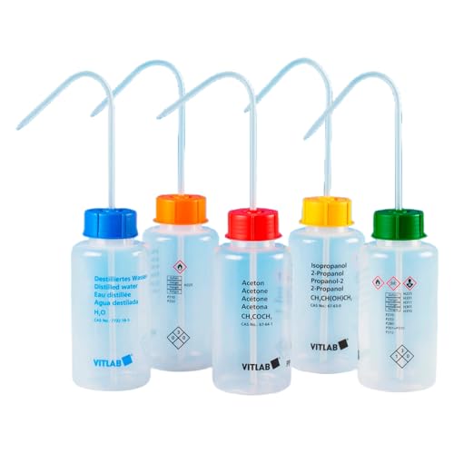 Vitlab VITsafe LDPE Sicherheitsspritzflasche mit Rot Vent-Cap Schraubverschluss/Spritzrohr, Weithals, GL 45 Gewinde, Ethylacetat, 250ml Kapazität, 58mm Durchmesser, 146mm Höhe, 12 Stück von Vitlab