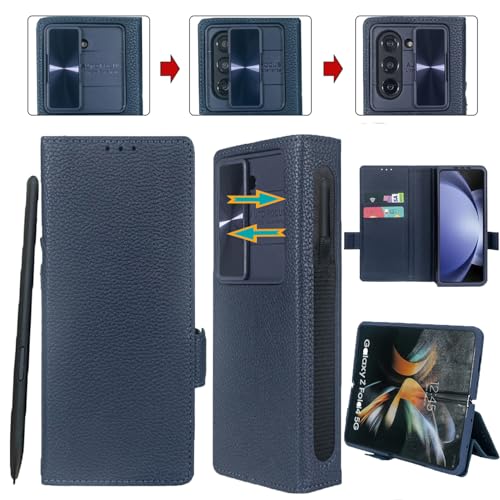 Vitodo Schutzhülle für Galaxy Z Fold 6, mit S-Stifthalter, echtes Leder, Brieftaschenhülle mit eingebauter Schiebe-Kamera-Abdeckung, Kartenschlitz, Ständer, Scharnierschutz, Handyhülle für Samsung von Vitodo