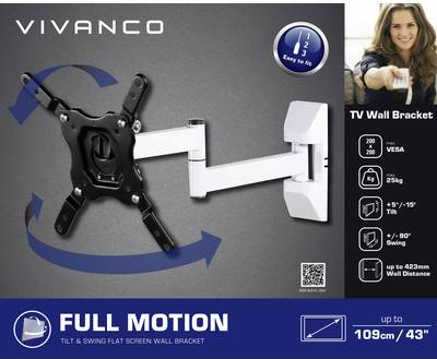 Vivanco BFMO 6020 W - Klammer - full-motion - für LCD TV - Stahl - weiß - Bildschirmgröße: bis zu 109,2 cm (bis zu 109,20cm (43) ) - Wandmontage (39501) von Vivanco