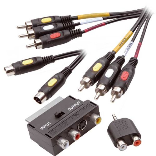 Vivanco Multimedia Anschlusset, 3x Cinch Stecker 5.0 m, S-Video Stecker 5.0 m, 2x Cinch Kupplung <-> 3.5 mm Klinken-Stecker, stereo Adapter, Scart Stecker - 3x Cinch-Kupplung mit S-Video Kupplung Adapter von Vivanco