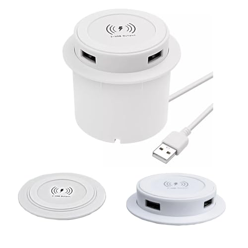 3-in-1 Tischsteckdose Versenkbar, Einbausteckdose Versenkbar mit 15W Kabellosem Ladegerät, Wireless Charger Einbau Unsichtbar, Einbausteckdose mit USB, für Nachttisch, Schreibtische (Weiß) von Viviheyday