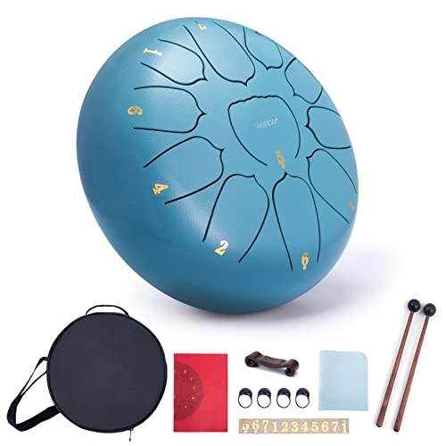 VixxNoxx Stahlzungentrommel Musikinstrumente Handpan Drum 10 Zoll 11 Noten C Key Percussion Instrument Hand Drum Kit mit Tasche Musikbuch Mallets(Moos Blau) von VixxNoxx