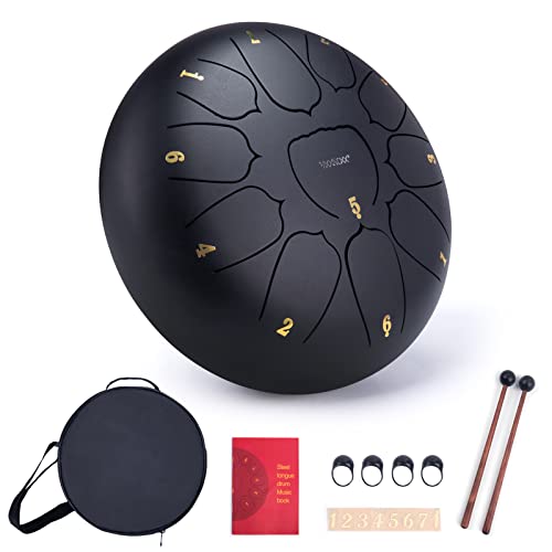 VixxNoxx Stahlzungentrommel Musikinstrumente Handpan Drum 10 Zoll 11 Noten C Key Percussion Instrument Hand Drum Kit mit Tasche Musikbuch Mallets (Schwarz) von VixxNoxx