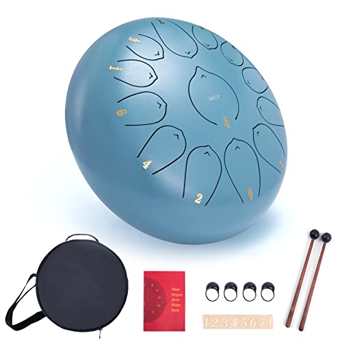 VixxNoxx Stahlzungentrommel Musikinstrumente Handpan Drum 12 Zoll 13 Noten C Key Percussion Instrument Hand Drum Kit mit Tasche Musikbuch Mallets(Moos Blau) von VixxNoxx