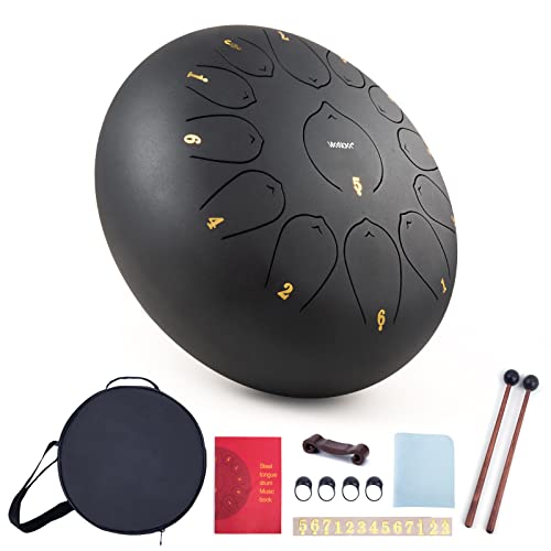 VixxNoxx Stahlzungentrommel Musikinstrumente Handpan Drum 12 Zoll 13 Noten C Key Percussion Instrument Hand Drum Kit mit Tasche Musikbuch Mallets(Schwarz) von VixxNoxx