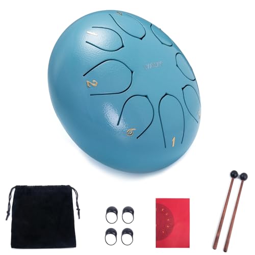 VixxNoxx Stahlzungentrommel Musikinstrumente Handpan Drum 6 Zoll 8 Noten C Key Percussion Instrument Hand Drum Kit mit Tasche Musikbuch Mallets(Moos Blau) von VixxNoxx