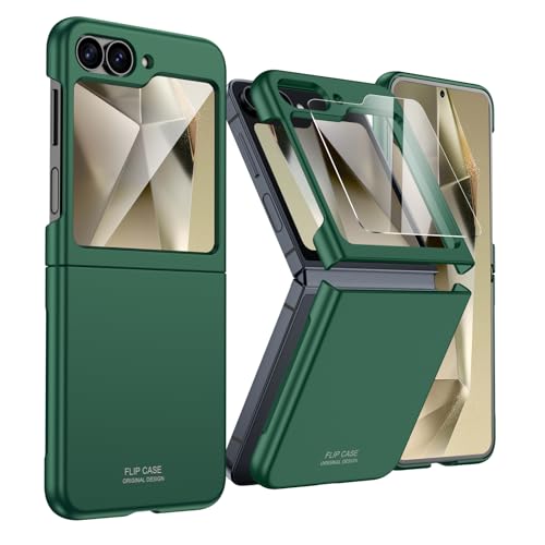 Vizvera Handyhülle für Samsung Galaxy Z Flip 6, Mit Displayschutzfolie [Bequemer Griff] Ultradünne PC Matte Hülle Smartphone Stoßsichere Cover für Galaxy Z Flip 6 (Grün) von Vizvera