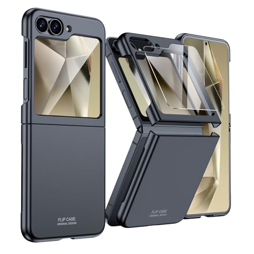 Vizvera Handyhülle für Samsung Galaxy Z Flip 6, Mit Displayschutzfolie [Bequemer Griff] Ultradünne PC Matte Hülle Smartphone Stoßsichere Cover für Galaxy Z Flip 6 (Schwarz) von Vizvera