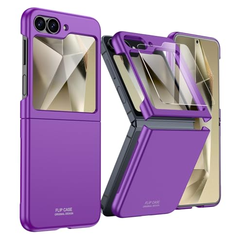 Vizvera Handyhülle für Samsung Galaxy Z Flip 6, Mit Displayschutzfolie [Bequemer Griff] Ultradünne PC Matte Hülle Smartphone Stoßsichere Cover für Galaxy Z Flip 6 (Dunkelviolett) von Vizvera